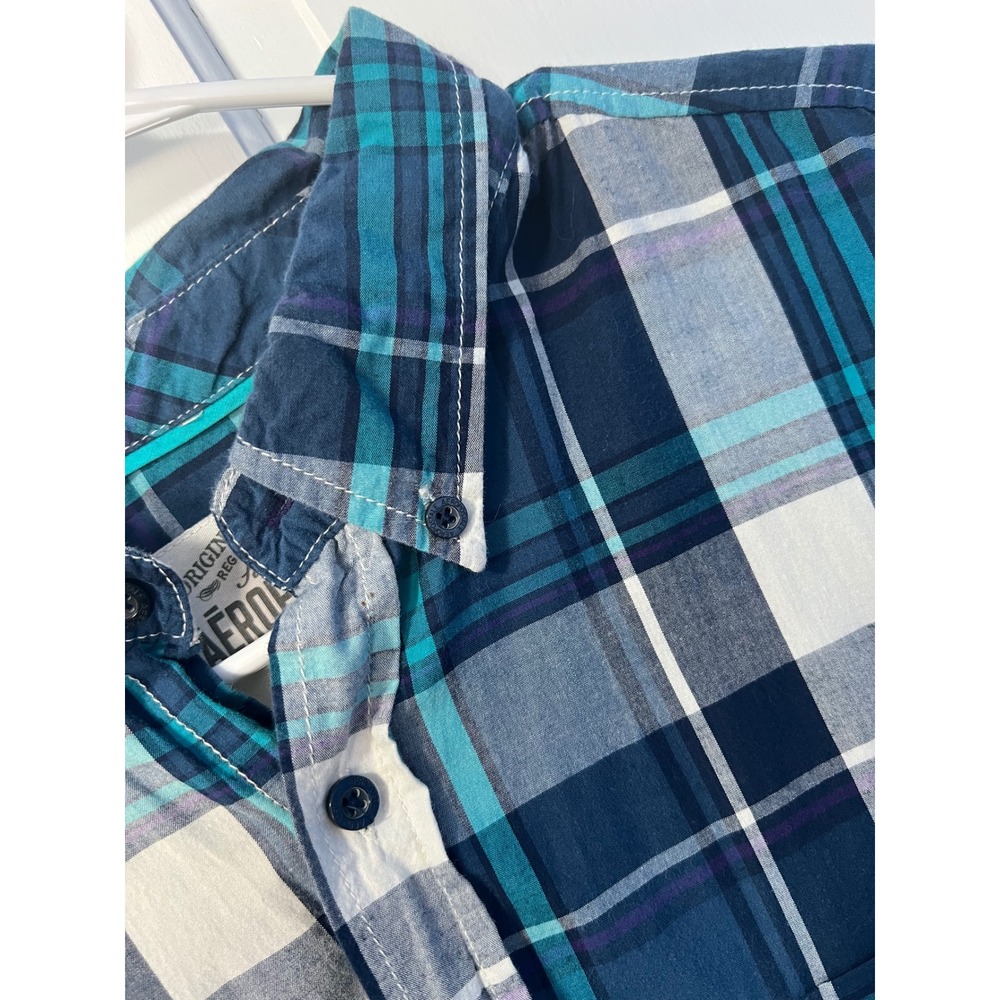 Aeropostale Men Blue Teal Plaid Short Sleeve Button Down Shirt Size Large Cotton - Picture 2 of 6